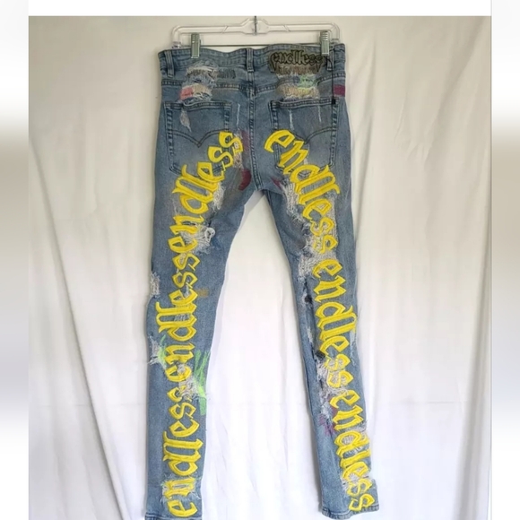 endless denim Other - Endless Mens Designer Destroyed Embroidered Applique Skinny Jeans 31 X 31
